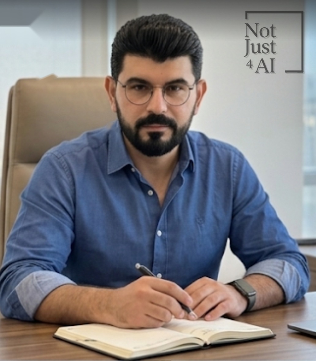 Brahim Aabbou at his desk, paper notebook open, the Not Just 4 AI mark on the wall behind him.